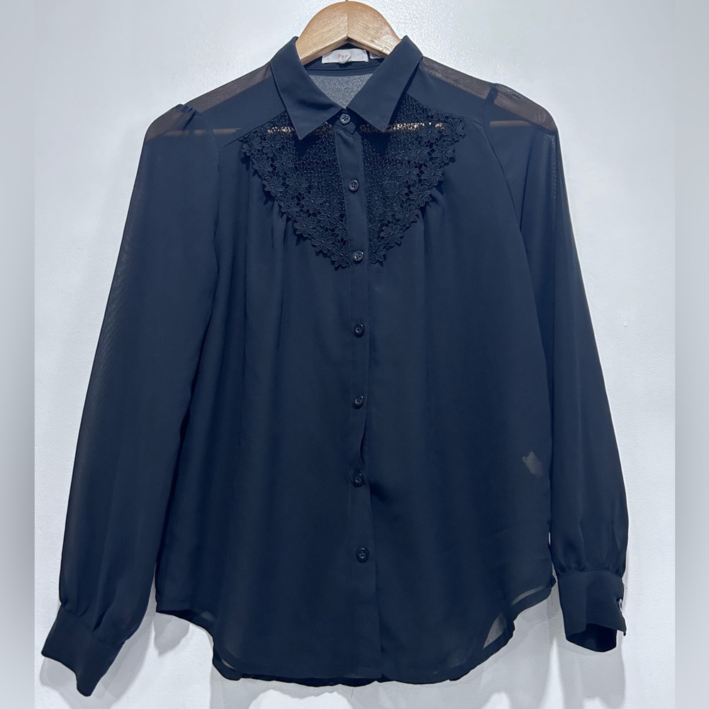Pearl Black See Through Lace Detailed Neck Long Sleeve Work Shirt‎ Top Size S